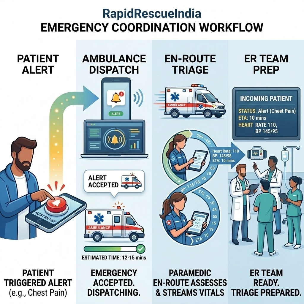 RapidRescueIndia End-to-End Coordination Flow Infographic